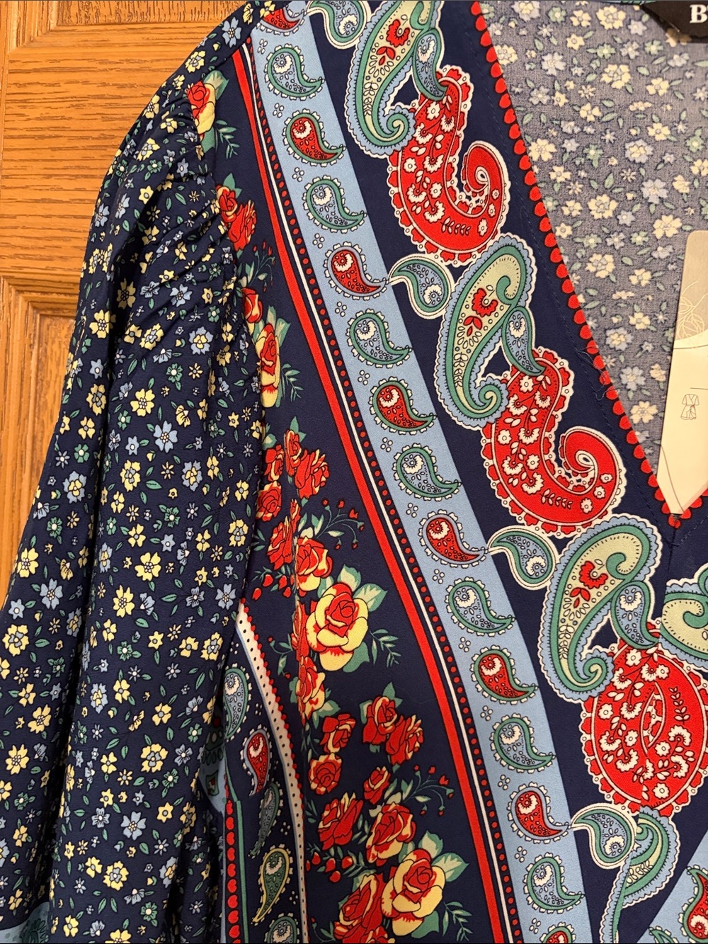 Blue Floral Boho V-Neck Dress with Red Accent - Picture 3 of 8